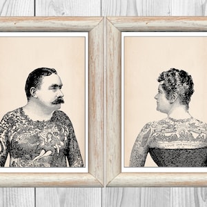 Frank de Burgh Tatuerad man 1897 Emma de Burgh Tatuerad kvinna Set med 2 Cirkuskonstnärsaffisch Tatueringstryck Vintage Digital Nedladdning