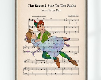 Peter Pan Poster The Second Star To The Right Music Sheet Peter Pan and Wendy Musical Art Print Nursery Instant Digital Download