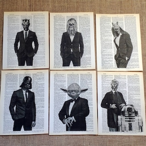 May include: Six black and white illustrations of Star Wars characters wearing suits. The characters are Darth Vader, Yoda, Chewbacca, R2-D2, Jabba the Hutt, and a Stormtrooper. The illustrations are printed on a vintage dictionary page.