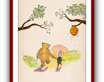 Winnie the Pooh y Piglet Winnie the Pooh Póster Color Vintage Póster Vivero Descarga digital instantánea imprimible