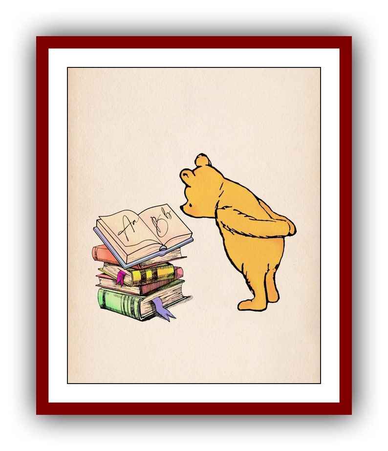 Winnie the Pooh Reading a Book Winnie the Pooh Poster Color Vintage ...