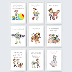 Juego de 9 citas de Toy Story ¡Alcanza el cielo! ¡Hasta el infinito y más allá! Woody Buzz cartel vivero imprimible bebé habitación decoración descarga instantánea