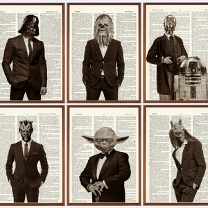 May include: Six vintage-style prints of Star Wars characters in suits. Darth Vader, Chewbacca, C-3PO, Darth Maul, Yoda, and Jabba the Hutt are depicted in black and white.