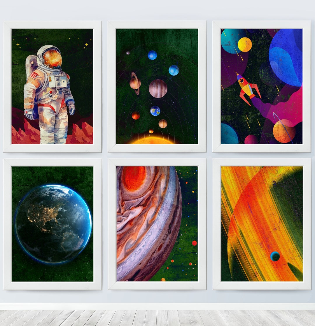 Space Wall Art Set of 6 Saturn Jupiter Spacesuit Astronomy Mars Poster ...