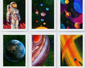 Espacio pared arte conjunto de 6 Saturno Júpiter traje espacial astronomía Marte cartel ciencia vivero impresión niños habitación imprimible descarga digital instantánea