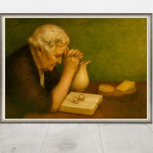 Op de afbeelding: Een ingelijst schilderij toont een oudere persoon met wit haar, handen gevouwen in gebed. Een boek, een bril, een kan, brood en kaas staan op een tafel. De achtergrond is een groene muur.