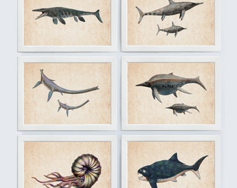 Conjunto de dinosaurios jurásicos marinos de 6 carteles vivero dinosaurio imprimible pared arte decoración descarga instantánea