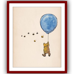 Winnie the Pooh flies on a Balloon Winnie the Pooh Poster Color Vintage Classic Poster Nursery Printable Instant Digital Download