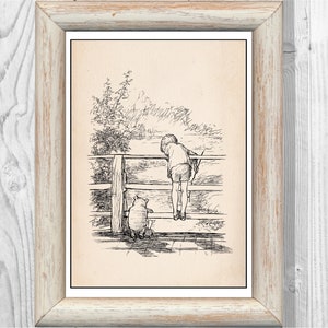 Winnie the Pooh, Christopher Robin and Piglet on the &#39;Poohsticks&#39; bridge Vintage Classic Poster Nursery Print Instant Digital Download
