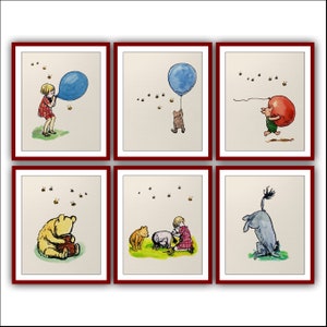 Set Of 6  Winnie the Pooh Color Piglet Christopher Robin Eeyore Classic Vintage Poster Wall Print