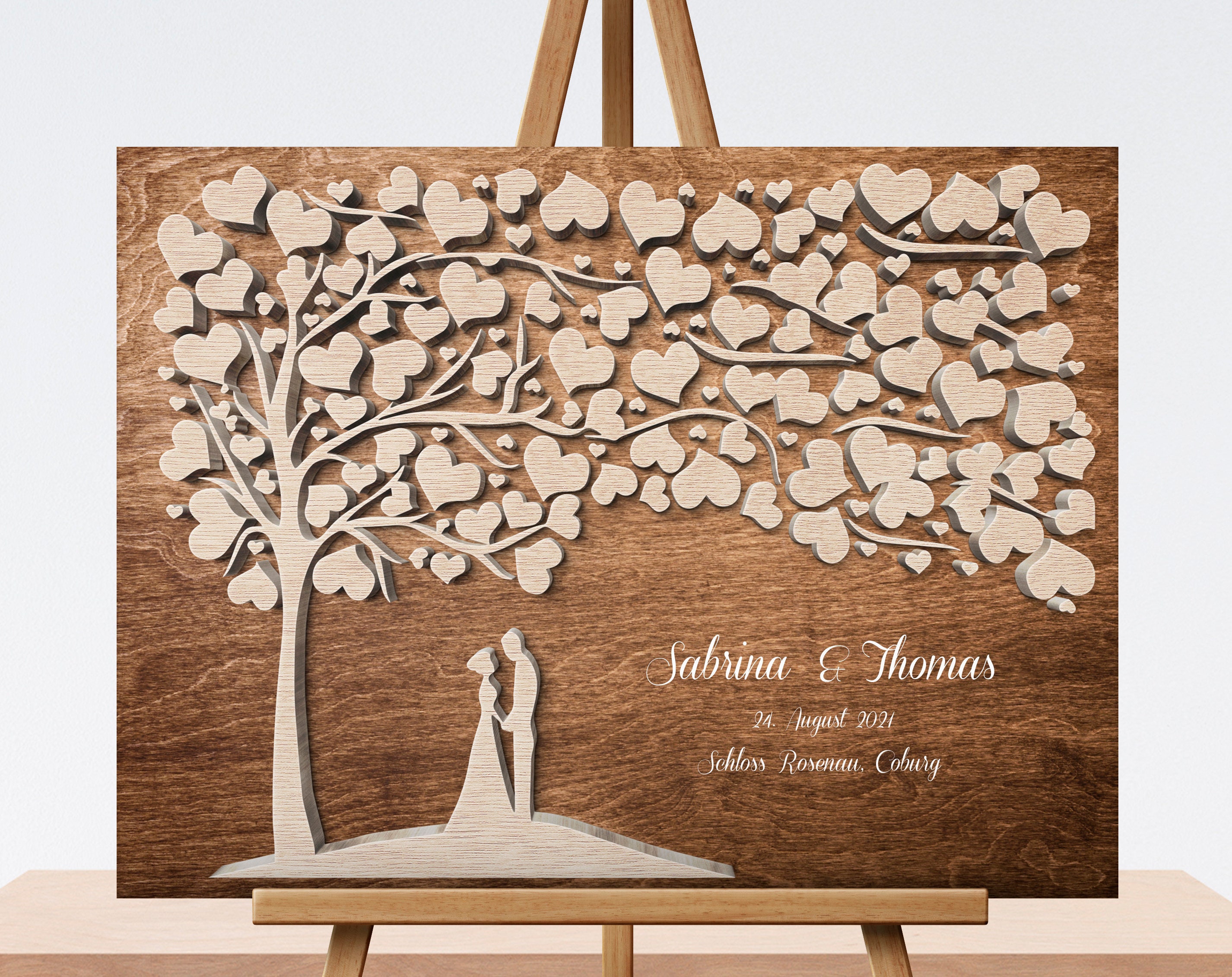 Wedding gift guest book, wedding tree, canvas print with 3D wood effe…