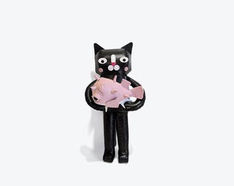 Black cat holding pink pufferfish, Genuine Leather, Home Decoration, art display, stuffed animal, leather craft, gift, housewarming