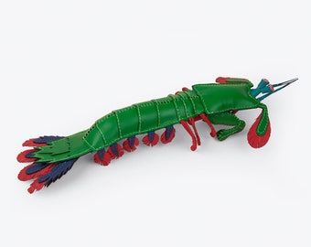 Handmade leather peacock mantis shrimp, Home decoration, collectable, aquatic art, stuffed animal, display art