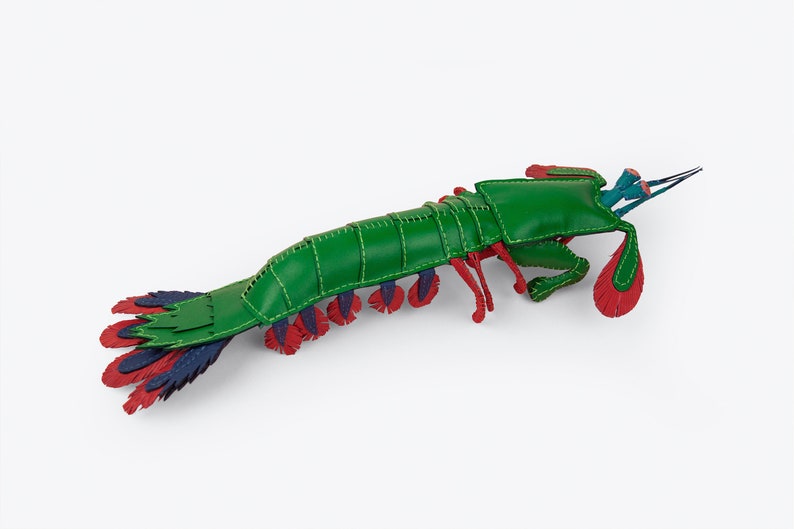 Handmade leather peacock mantis shrimp, Home decoration, collectable, aquatic art, stuffed animal, display art image 1