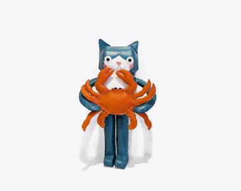 Green cat holding crab, Genuine Leather, Home Decoration, art display, stuffed animal, leather craft, gift, housewarming