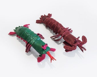 Handmade red and mustard leather mantis shrimp, Home decoration, collectable, aquatic art, stuffed animal, display art