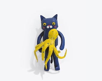 Blue cat holding blue ring octopus, Genuine Leather, Home Decoration, art display, stuffed animal, leather craft, gift, housewarming