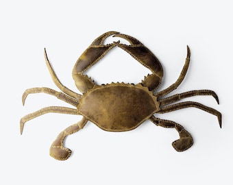Crazy horse yellow brown leather crab, handmade genuine Leather, Home Decoration, gift for beach house, stuffed animal, interior