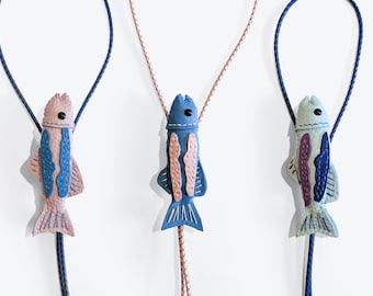 Handmade leather fish bolo tie ripple shapes, fashion, stuffed animal, craft, collectable, quirky gift