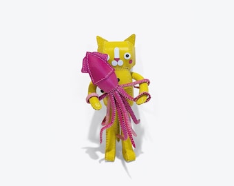 Yellow cat holding pink squid, Genuine Leather, Home Decoration, art display, stuffed animal, leather craft, gift, housewarming