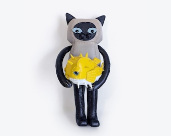 Ragdoll holding pufferfish, Genuine Leather, Home Decoration, art display, stuffed animal, leather craft, gift, housewarming