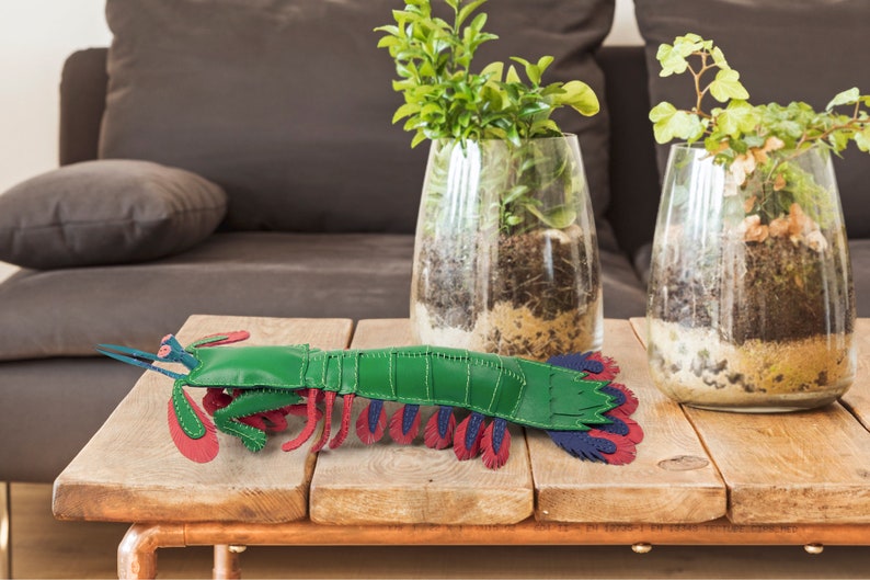 Handmade leather peacock mantis shrimp, Home decoration, collectable, aquatic art, stuffed animal, display art image 9