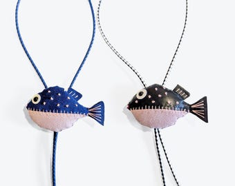 Handmade leather dotted fish bolo tie, leather, fashion, stuffed animal, leather craft, collectable, quirky gift