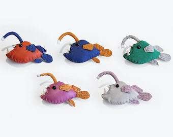 Handmade leather anglerfish brooch, genuine Leather, fashion, stuffed animal, leather craft, collectable, quirky gift