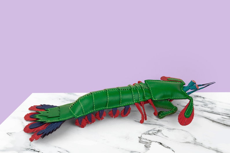 Handmade leather peacock mantis shrimp, Home decoration, collectable, aquatic art, stuffed animal, display art image 10