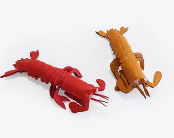 Handmade red and mustard leather mantis shrimp, Home decoration, collectable, aquatic art, stuffed animal, display art