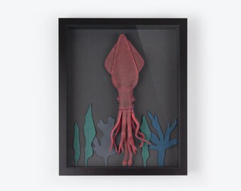 Handmade Leather Red Squid in Shadow Box, Christmas Home Decoration, Playroom Wall Decor, Stuffed Animal