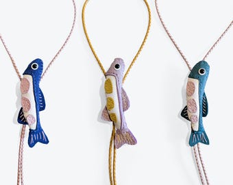 Handmade leather sardine fish bolo tie, leather, fashion, stuffed animal, leather craft, collectable, quirky gift