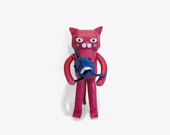 Pink cat holding shark head, Genuine Leather, Home Decoration, art display, stuffed animal, leather craft, gift, housewarming