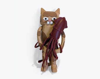 Brown cat with squid, Genuine Leather, Home Decoration, art display, stuffed animal, leather craft, gift, housewarming