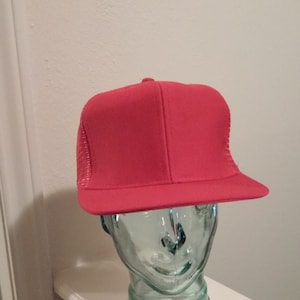 Red Baseball Cap, Trucker Hat, Grandpa Hat, Flat Bill, 6 Panel, Poly Blend with Mesh Sides,  Adjustable Snapback, Vintage Stock
