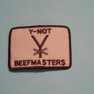 May include: A brown and white embroidered patch with the text "Y-NOT" and a stylized "Y" with a cross-hatch design. The text "BEEFMASTERS" is below the "Y".