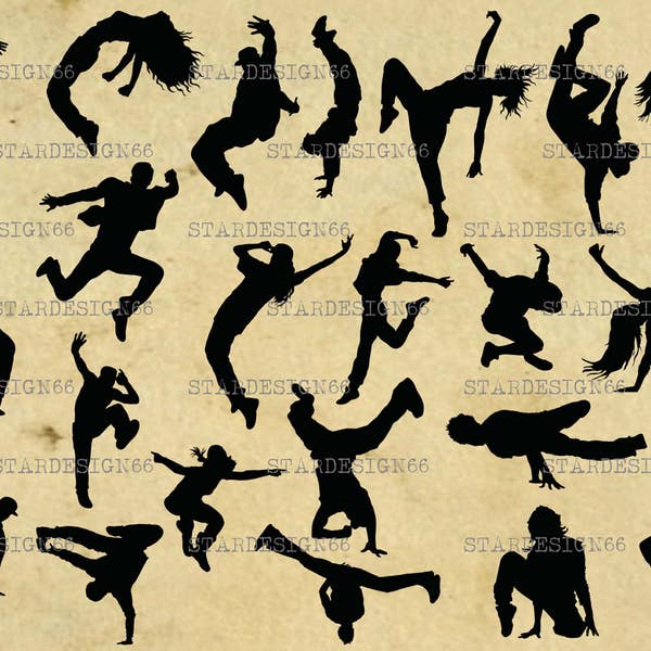 Digitale SVG PNG JPG Breakdancer, ballerini hip hop, donne, uomini, danza, silhouette, clipart, vettore, download immediato