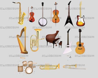 Digital EPS PNG JPG Musical Instruments, piano, saxophone, electric bass guitar, drum kit, vector, clipart, silhouette, instant download