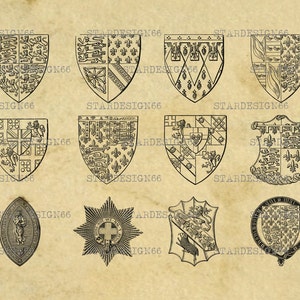 Digitale SVG PNG JPG Vecchi emblemi, medievale, araldico, scudo, wappen, silhouette, clipart, vettore, download immediato