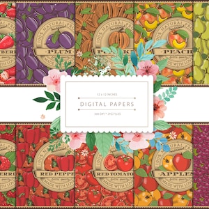 PAPELES DIGITALES Frutas y Verduras / recursos gráficos imprimibles, papeles para scrapbook, diseño de fondos, diseño de patrones, descarga instantánea