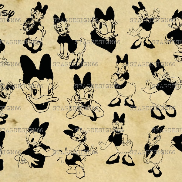 Digitale SVG PNG JPG Daisy Duck, silhouette, clipart, vettore, download istantaneo
