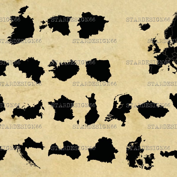 Digitale SVG PNG JPG Paesi europei, mappe, confini, vettore, clipart, silhouette, download immediato