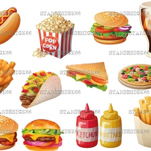 Digital EPS PNG Fast Food, coke, hamburger, hot dog, pizza, chips, pop corn, ketchup, mustard, vector, clipart, template, instant download