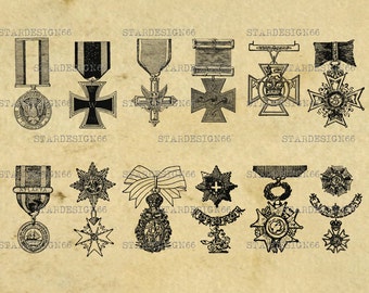 Digital SVG PNG JPG War Medals, soldier, hero, uniform, officer, bravery, military, valor, clipart, vector, silhouette, instant download