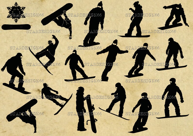 Digitale SVG PNG JPG Snowboard, sport, fiocco di neve, snowboard, vettore, clipart, silhouette, download immediato image 1