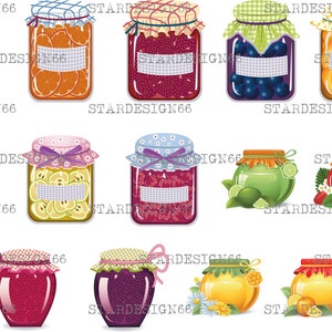 Digital EPS PNG JPG Gläser mit Marmelade, Orangenmarmelade, Erdbeermarmelade, Aprikosenmarmelade, Kirschmarmelade, Vektor, Clipart, Vorlage, sofort-Download