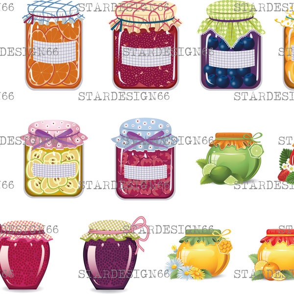Digital EPS PNG JPG Jars of Jam, orange jam, strawberry jam, apricot jam, cherry jam, vector, clipart, template, instant download