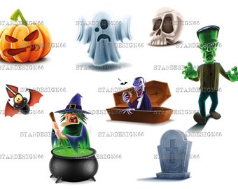 Digital EPS PNG JPG Halloween, pumpkins face, ghost, witch, skull, bat, frankenstein, tombstone, dracula, vector, clipart, instant download
