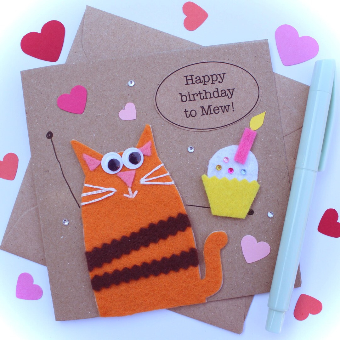 Cat Felt Birthday Card / Handmade Card / Cat Lover Birthday Card / Cute ...