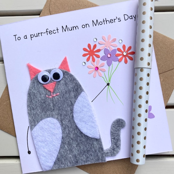 Mother's Day Card, Handmade, Felt, Cat, A Perfect Mum, Special Mum, from Daughter, from Son, from Small Children, from the Cat, Keepsake